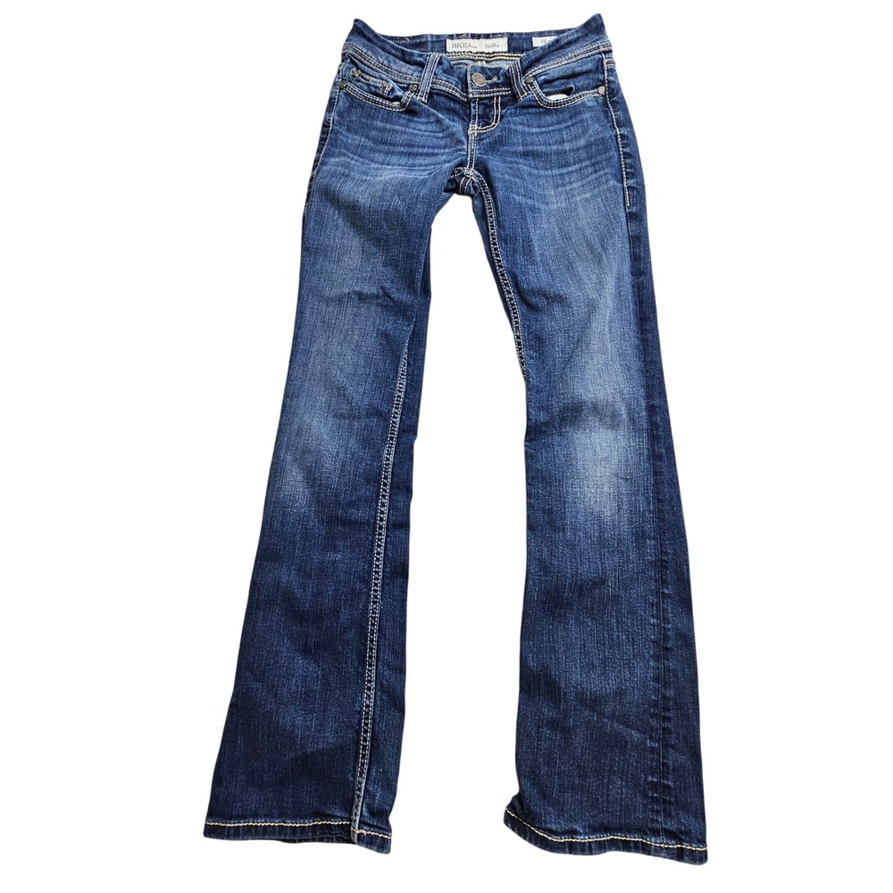 BKE Stella Jeans 26 R Blue Mid Rise Bootcut Contrast Stitch Distressed